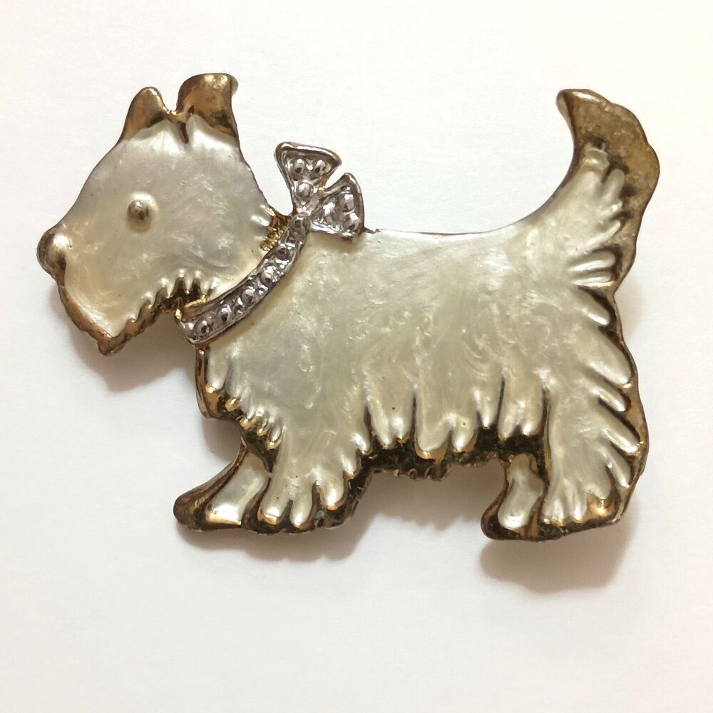Scottie Dog Brooch Enamel Rhinestone Collar Terrier Pin Vintage Style Jewelry